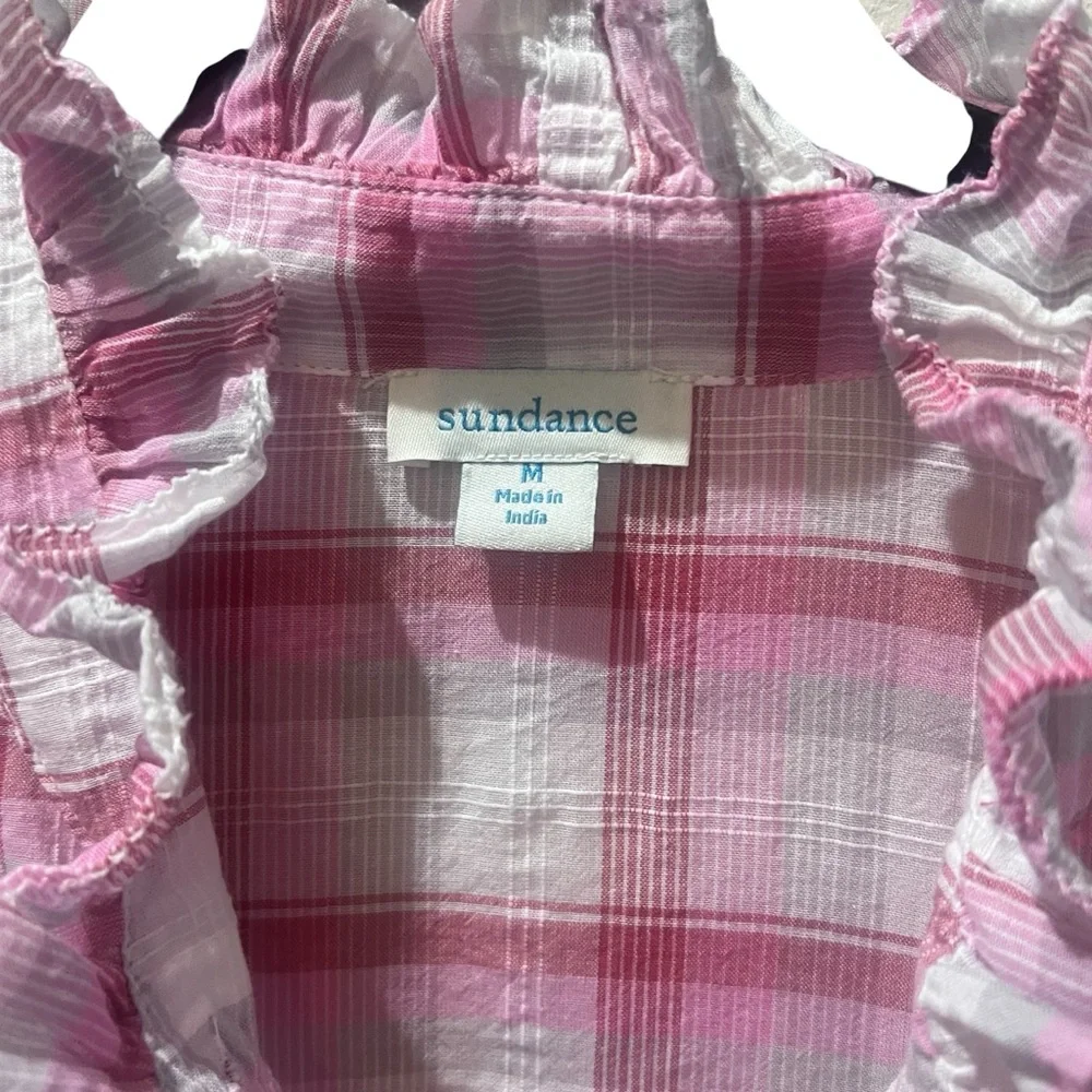 Sundance Pink Plaid Ruffle Cotton Gauze Button Front Blouse Top Womens Medium